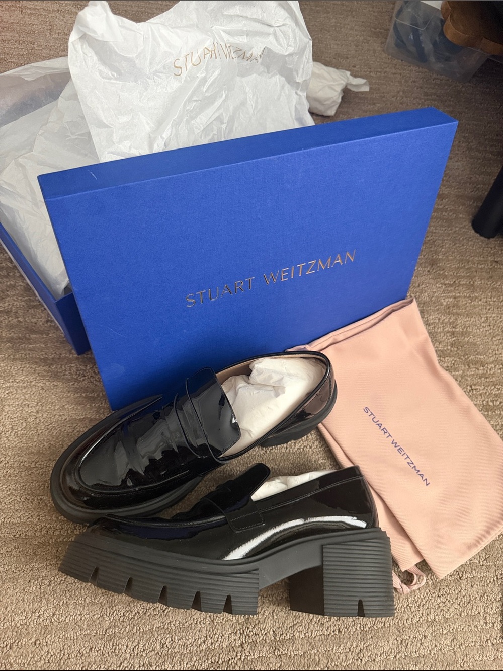 Stuart Weitzman Black Patent Chunky Heel Loafers